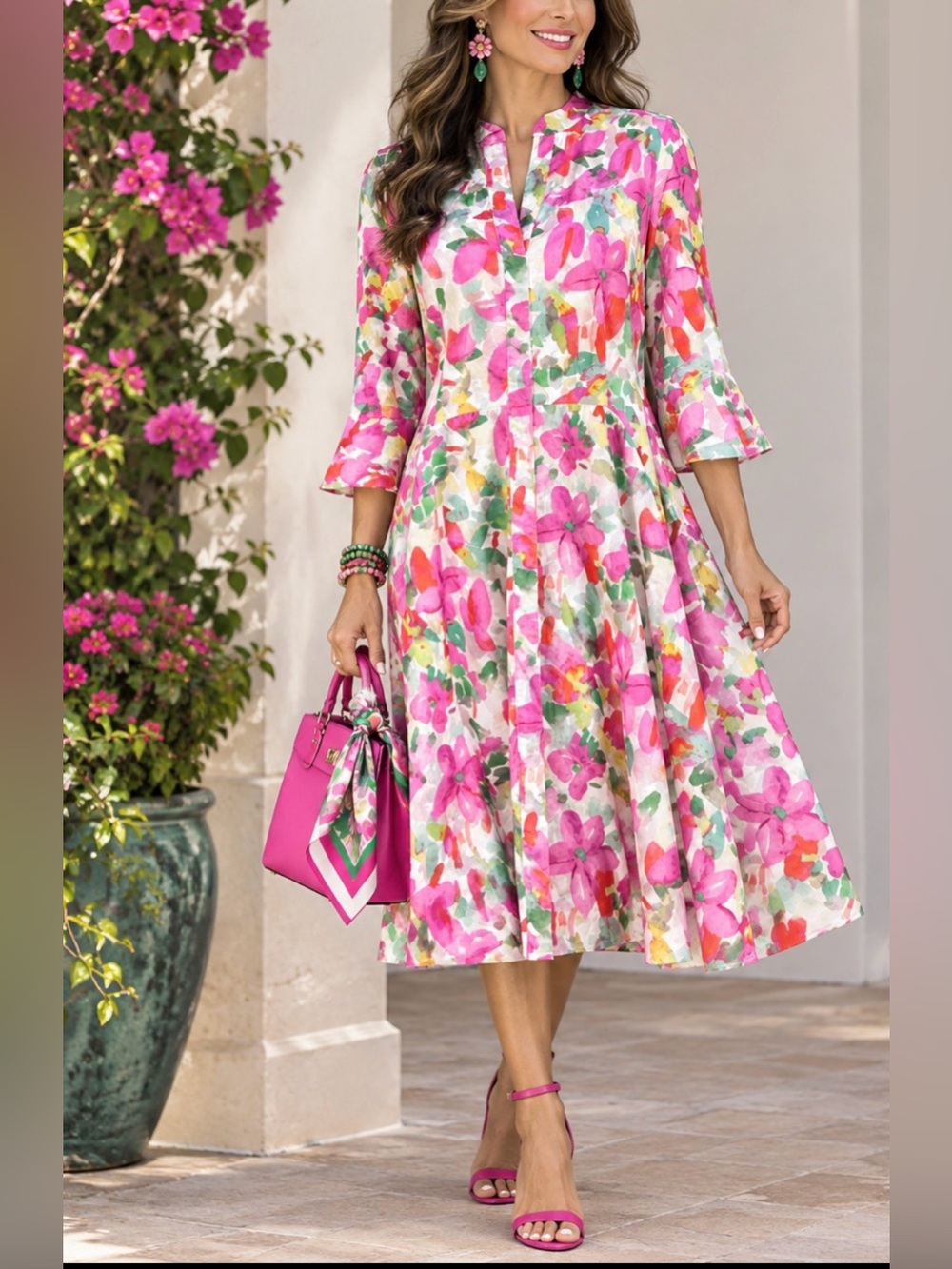 Bright Pink Floral A-Line Dress